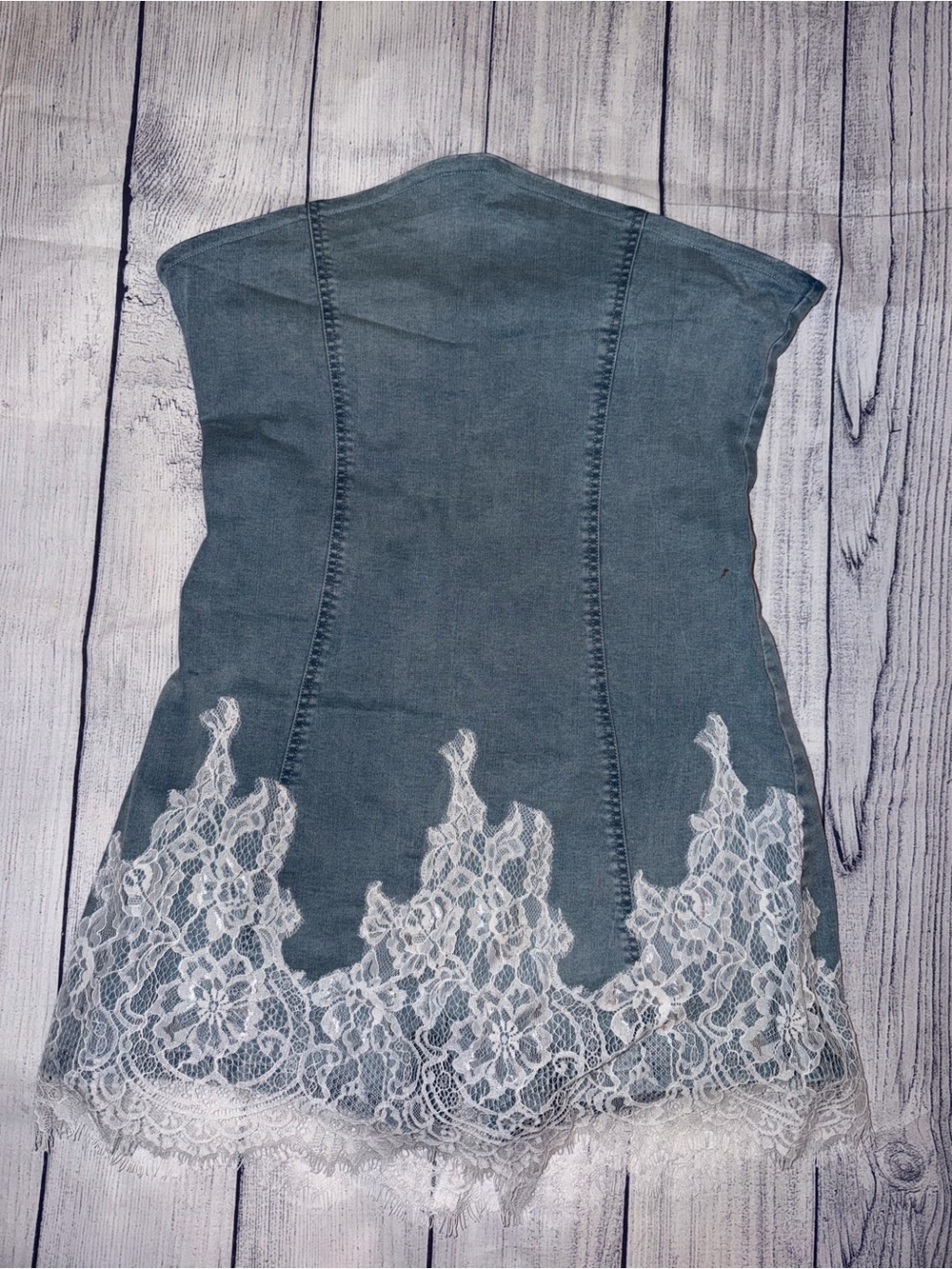 Blue Denim Strapless Romper with White Lace Hem